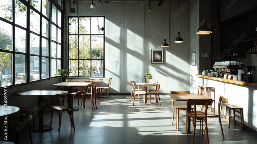 Sticker Modern Cafe Interior with Sunlight Streaming Through Large Windows