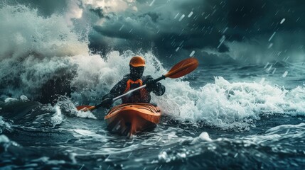 Fototapeta premium Kayaker paddling in rough sea during storm with big waves