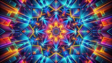 Vibrant geometric shapes and lines intersect and refract within a kaleidoscope of colors, creating a mesmerizing optical illusion in a futuristic, abstract digital artwork.
