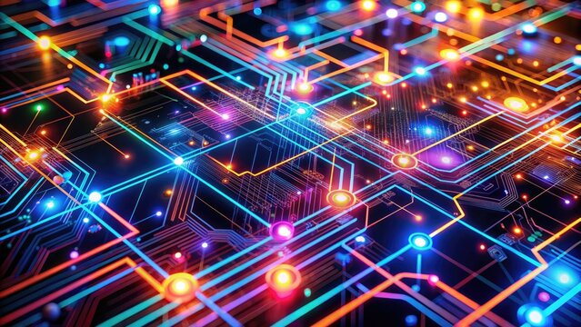 Vibrant, glowing circuits and wires converge to form a stylized, abstract representation of connectedness, symbolizing the modern world's interconnected digital networks and systems.