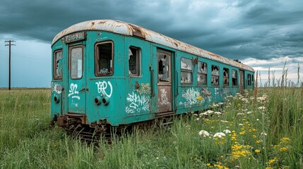 Fototapeta premium Abandoned teal train car overgrown with grass and flowers