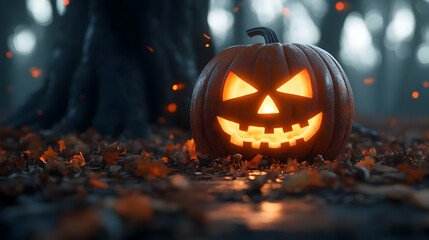 Glowing Jack O Lantern in Autumn Forest