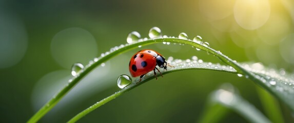 Fototapeta premium Ladybug on a Dew-Covered Blade of Grass