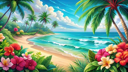 Vibrant, hand-drawn illustration of a serene tropical beach featuring swaying palm trees, colorful hibiscus flowers, and a tranquil turquoise ocean with gentle waves.
