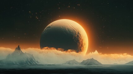 A Giant Glowing Planet Rising Above a Snowy Mountain Range