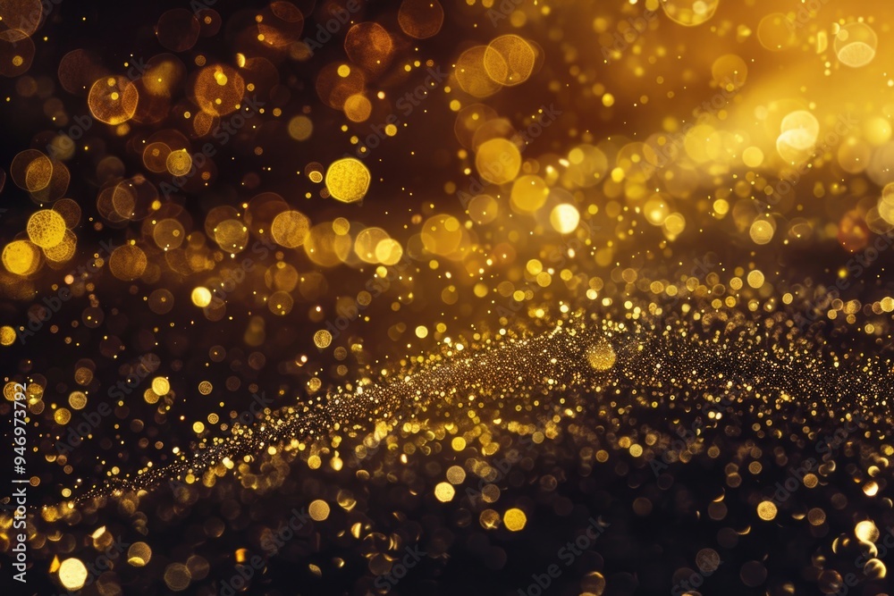 Poster A dark background filled with golden sparkles, suitable for use in designs where a touch of luxury is needed