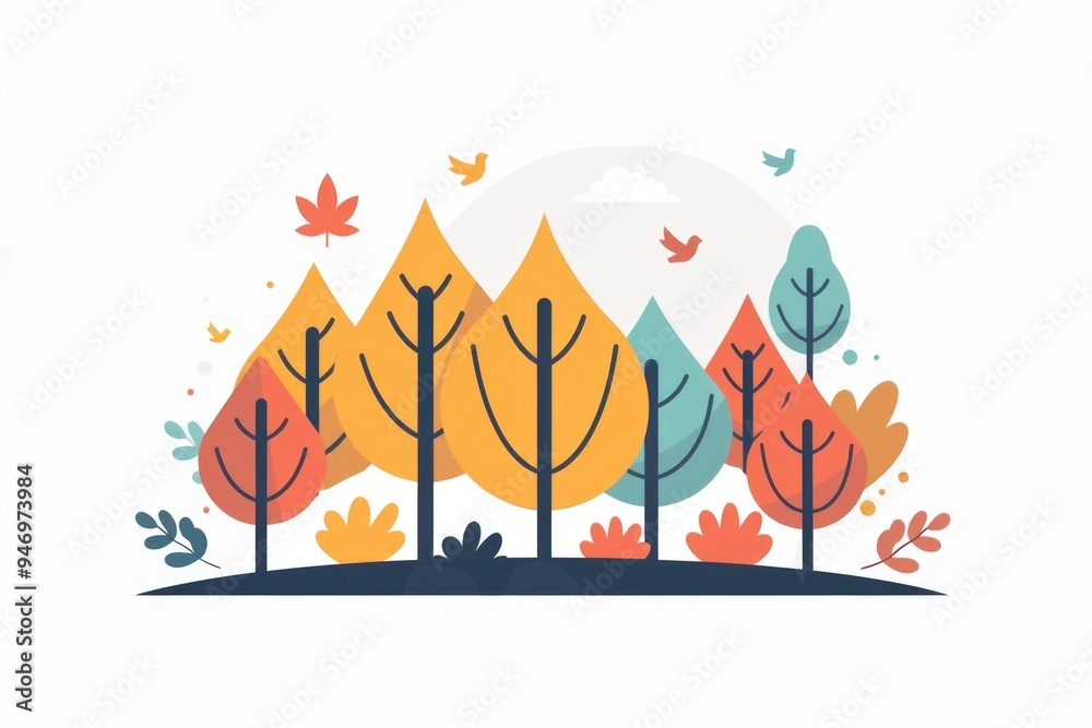 Poster a group of trees with leaves and a bird flying in the sky