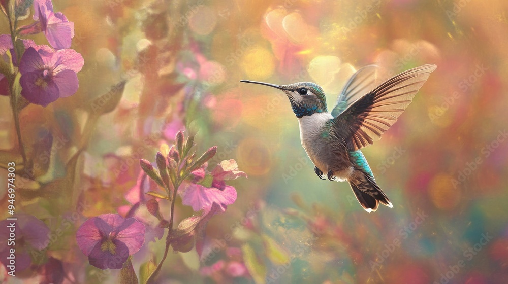 Canvas Prints A Hummingbird in Flight with Pink Flowers and a Blurred Background