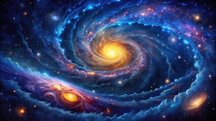 Vibrant, intricate swirls of galaxies, nebulas, and stars dance across a midnight blue canvas, showcasing the mesmerizing beauty of the cosmos in stunning, high-contrast detail.