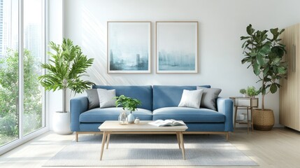 A blue sofa anchors the mid-century Scandinavian design in this modern living room. Clean lines, natural wood, and soft hues create a serene atmosphere.