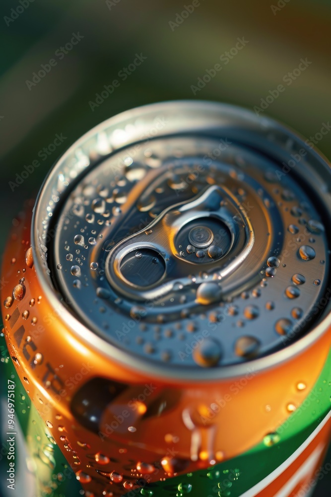 Poster a clear view of a soda can from the top, with condensation on the surface