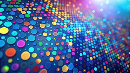 Obraz premium Vibrant multicolored dots of varying sizes and opacities scatter across a sleek, gradient-blue background, forming a mesmerizing abstract pattern that pops with energy and creativity.