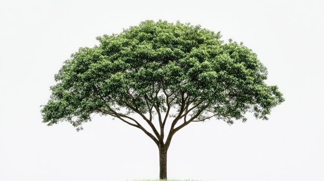 A lone tree with a full canopy, standing tall against a white background, emphasizing its natural form and elegance.