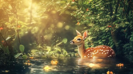 Fototapeta premium A Fawn Emerging from a Forest Stream