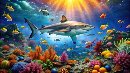Fototapeta premium Vibrant ocean scene featuring a majestic shark swimming amidst a coral reef, surrounded by schools of colorful fish and seaweed in sun-drenched waters.