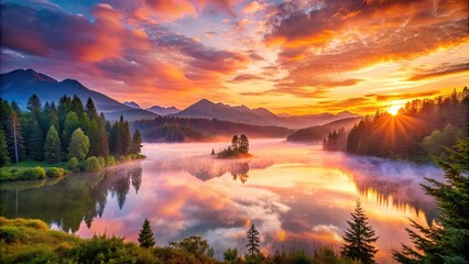 Vibrant orange and pink hues illuminate the serene horizon as the sun rises over a tranquil lake, surrounded by lush green forests and misty mountains.