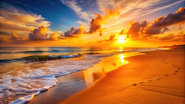 Vibrant orange and yellow hues illuminate a serene oceanic landscape with gentle waves and a minimalist sandy beach at sunrise with few footprints visible.