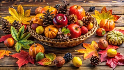 Vibrant orange and yellow leaves, pinecones, and seasonal fruits adorn a rustic wooden table, evoking warmth and coziness in a cozy autumn harvest decor setting.