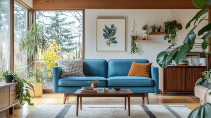 Fototapeta premium Modern living room with a mid-century Scandinavian design. Blue sofa serves as the focal point, surrounded by minimalist decor and natural light.