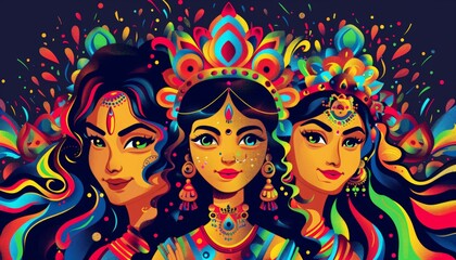 Obraz premium cartoon portrait indian goddess durga for happy dussehra or shubh navratri festival of india, watercolour, dark background, holiday greeting card