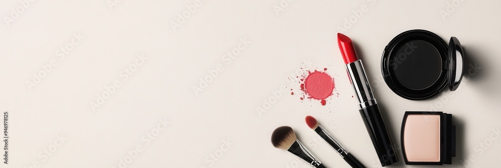 Poster a minimalist setup showcases various cosmetic products on a soft background, highlighting the essent
