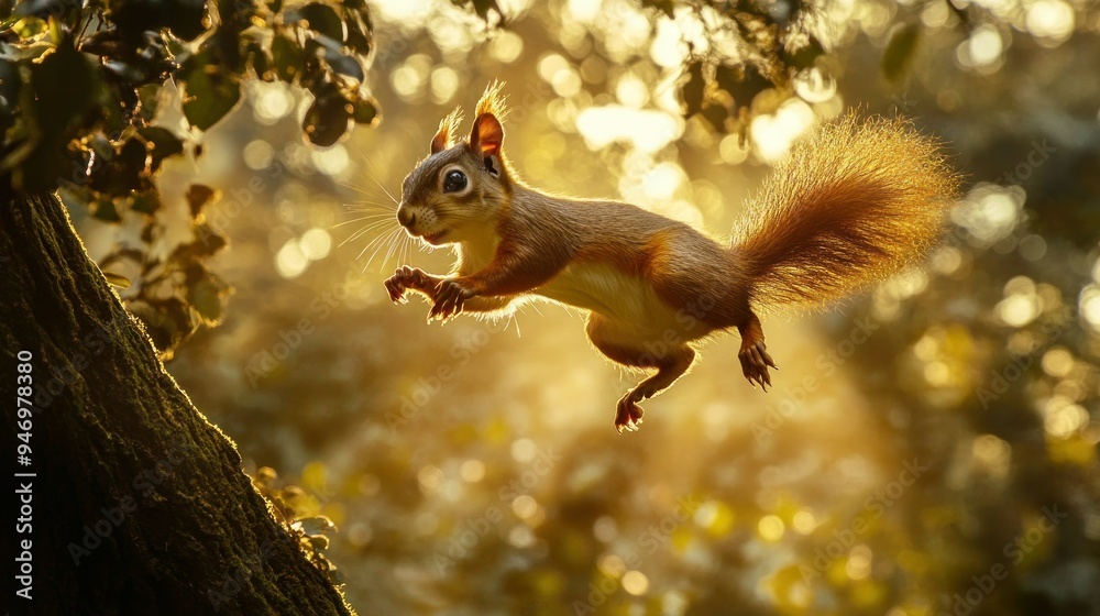 Poster Red Squirrel Leaping Through Golden Sunlight in a Forest