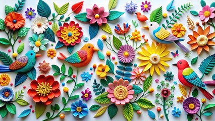 Vibrant paper cutouts of colorful flowers, leaves, and birds emerge from delicate scissor-cut designs, creating a stunning, intricate, and whimsical collage on a white background.