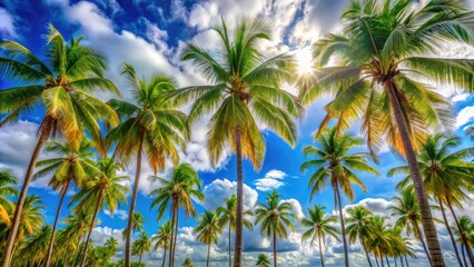 Vibrant palm trees sway gently in the warm sunlight, their slender trunks and feathery fronds set against a brilliant blue sky with puffy white clouds.