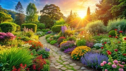 Obraz premium Vibrant perennials bask in warm sunlight, colorful blooms and lush green foliage thrive in a serene, idyllic garden setting with a natural stone pathway.