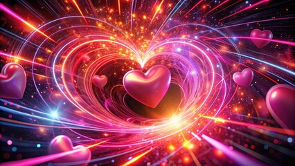 Vibrant pink and red abstract heart shapes burst forth from a swirling digital vortex, surrounded by glowing sparks and futuristic neon lights, symbolizing love and energy.
