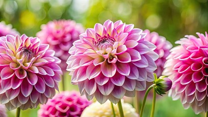 Fototapeta premium Vibrant pink and white dahlia flowers burst with intricate petals and delicate centers, set against a soft green blurred background, exuding elegance and summer charm.