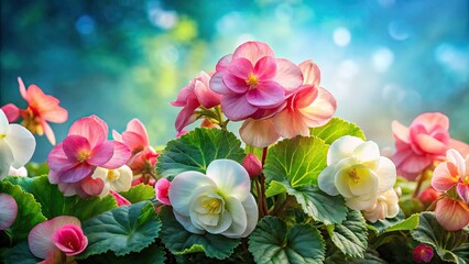 Vibrant pink and white begonias bloom against a soft, blended watercolor background of greens and blues, evoking a sense of whimsical gardening charm.
