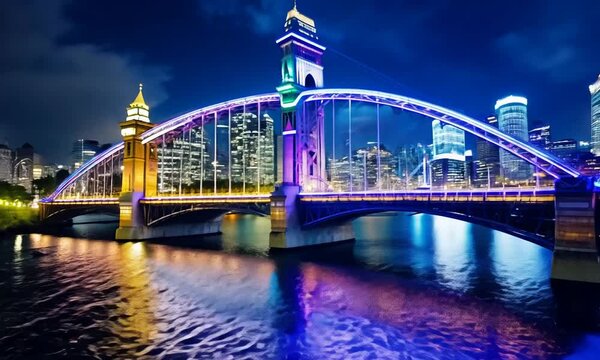 eon Bridge Over Flowing River with Glowing Skyline