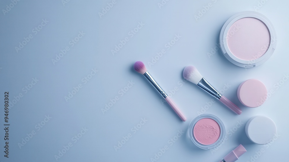 Poster a minimalist display features lipstick, makeup brushes, and powder set against a light background, e