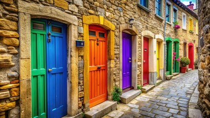 Fototapeta premium Vibrant rainbow-hued doors of varying sizes and styles line a rustic stone wall, creating a whimsical and inviting exterior backdrop in a charming European alleyway.