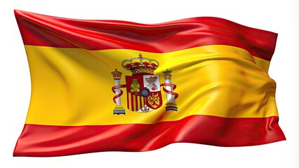 Obraz premium Vibrant red and yellow Spanish flag waving dynamically, rendered in bold vector format, with intricate folds and creases, set against a pure white background.
