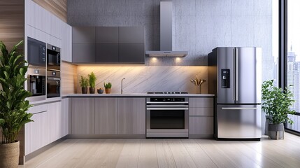 Modern stainless steel kitchen appliances, including a refrigerator, oven, and microwave, arranged in a sleek kitchen