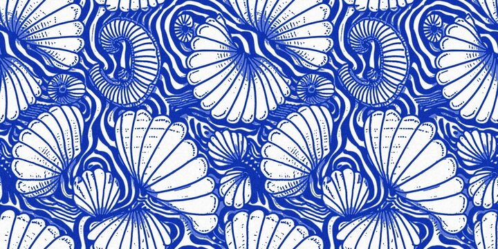 Azure blue white shell motif with linen seamless batik border background. Modern coastal beach cottage rustic shell block print home decor pattern, Sealife banner style 