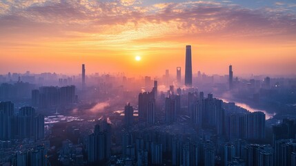 Sunrise Over A Modern City With Hazy Skyscrapers
