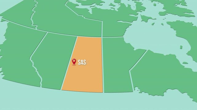 Mapa de Canad&aacute; con divisi&oacute;n pol&iacute;tica resaltando el territorio de Saskatchewan.