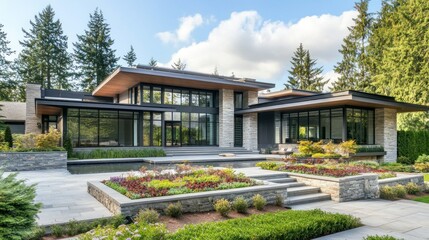 Fototapeta premium Modern Home with Stone and Glass Architecture