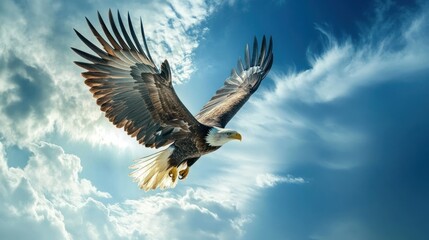 Obraz premium Bald Eagle Soaring Through a Blue Sky with White Clouds
