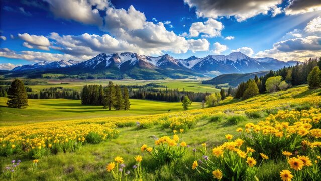 Vibrant sunlit meadow in Wyoming, April, with bright yellow blooming wildflowers and lush green grass surrounded by rolling hills and majestic blue sky.