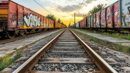 Obraz premium Grafitti Covered Train Cars on Railway Tracks at Sunset