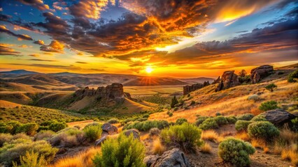 Vibrant sunset casts a warm glow over the rugged landscape of southwest Idaho, featuring rolling hills, scrubby desert vegetation, and towering rock formations.
