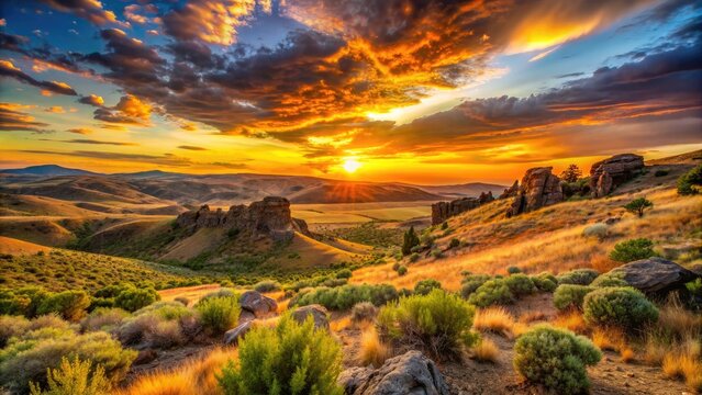 Vibrant sunset casts a warm glow over the rugged landscape of southwest Idaho, featuring rolling hills, scrubby desert vegetation, and towering rock formations.