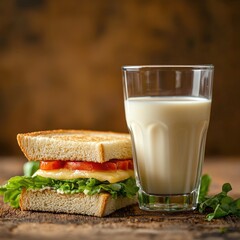 Grilled Cheese Sandwich with Tomato and Lettuce Served with Milk