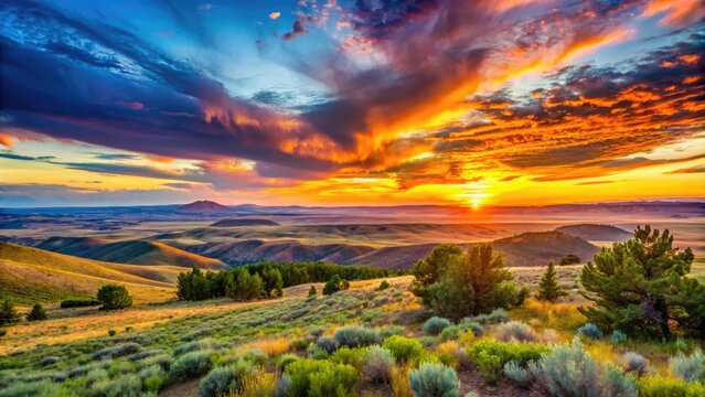 Vibrant sunset illuminates the rolling hills and vast open spaces of the high desert landscape surrounding Casper, Wyoming, with iconic western vistas.