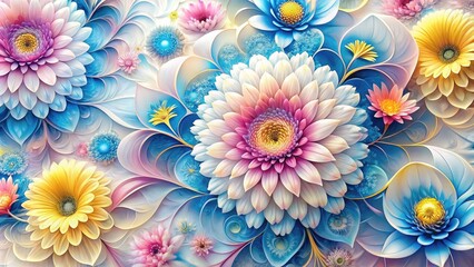 Obraz premium Vibrant, swirling abstract floral patterns in pastel hues of pink, blue, and yellow, featuring delicate petals and intricate textures, set against a soft white background.