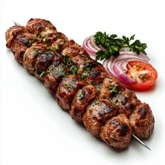 Grilled Meat Skewer with Onion, Tomato, and Parsley Garnish